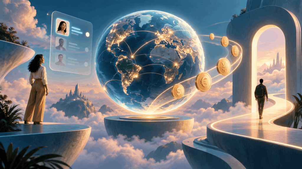 Glowing globe surrounded by candidate profiles and currency coins, with two people on separate platforms above the clouds.