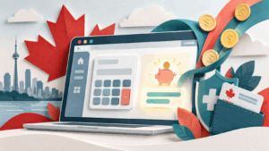Illustrated laptop displaying a Canadian HSA savings calculator with a maple leaf, healthcare symbols, and savings coins.