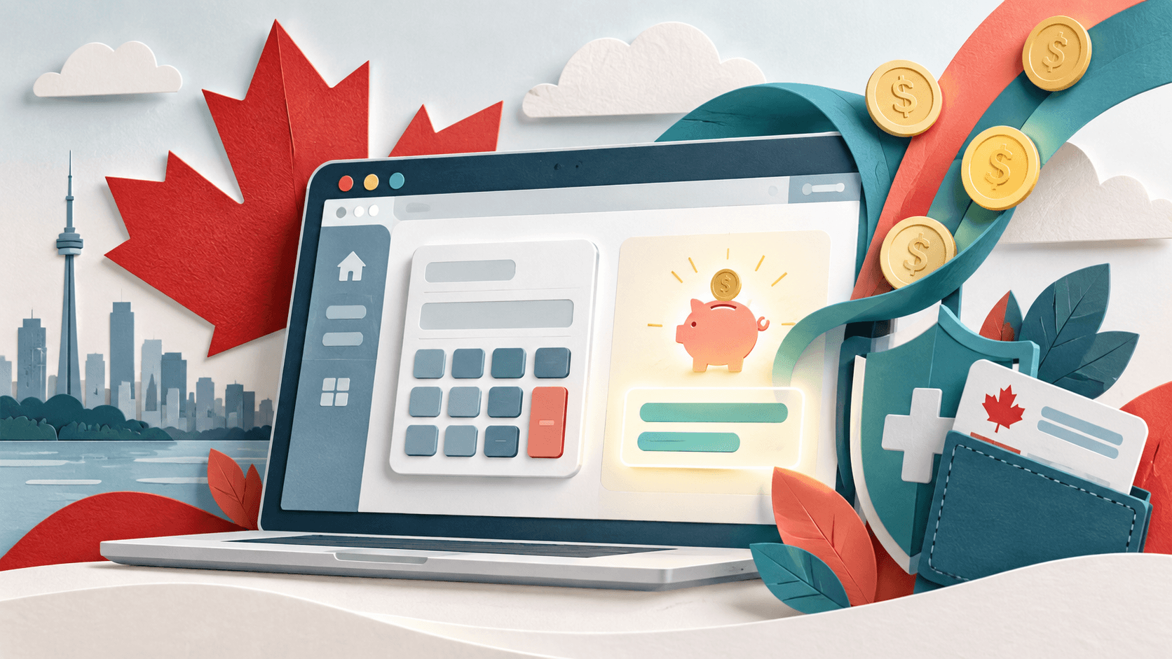 Illustrated laptop displaying a Canadian HSA savings calculator with a maple leaf, healthcare symbols, and savings coins.