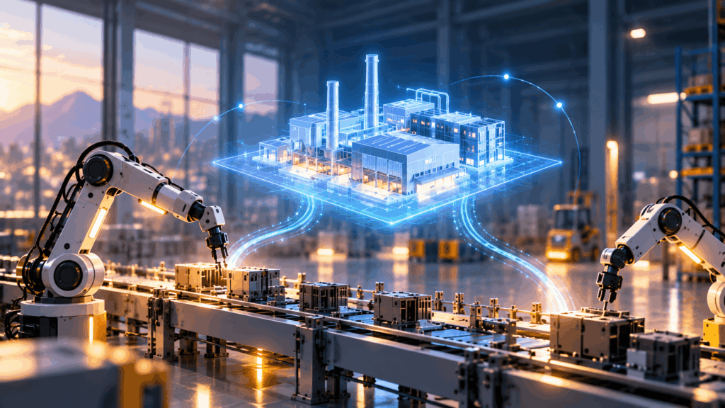 Robotic arms work on an assembly line beneath a blue holographic factory model in a modern manufacturing facility.