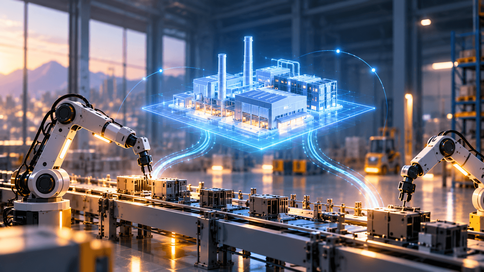 Robotic arms work on an assembly line beneath a blue holographic factory model in a modern manufacturing facility.