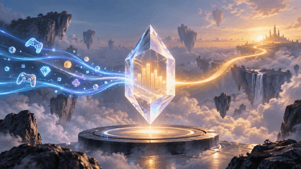 Crystal prism transforming streams of gaming and user activity data into measurable analytics and a clear path toward growth.