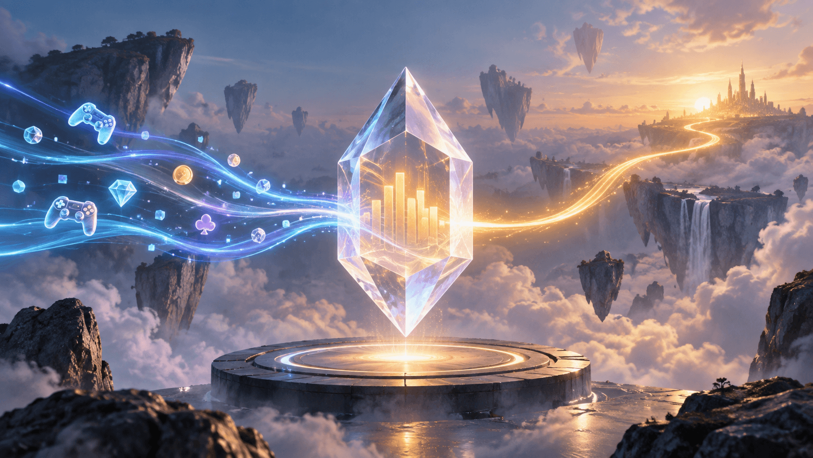 Crystal prism transforming streams of gaming and user activity data into measurable analytics and a clear path toward growth.