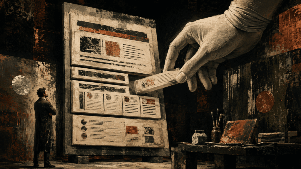 Monotype illustration of a blindfolded hand extracting one structured passage from a website while a visitor views the complete layout.