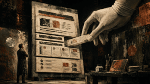 Monotype illustration of a blindfolded hand extracting one structured passage from a website while a visitor views the complete layout.