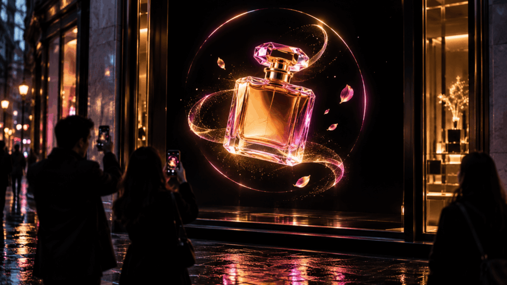 Glowing perfume bottle appears to float in a dark shop window while people photograph the hologram display.