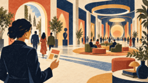 Pochoir illustration of an event designer watching guests move through a modern venue arranged like a clear website journey.
