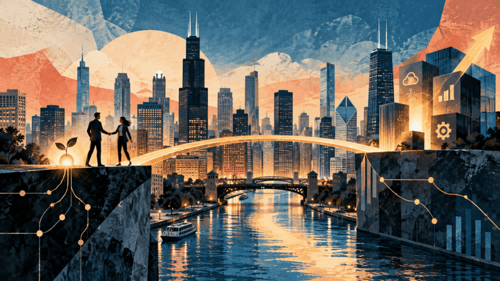 Illustration of two people shaking hands beside a glowing bridge, with the Chicago skyline and growth symbols behind.