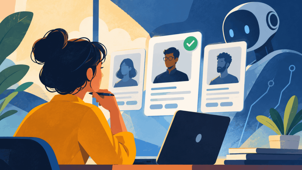 Illustration of a recruiter evaluating AI engineer candidates with digital profiles and an AI assistant in the background.