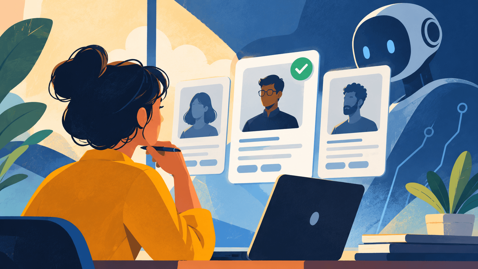 Illustration of a recruiter evaluating AI engineer candidates with digital profiles and an AI assistant in the background.
