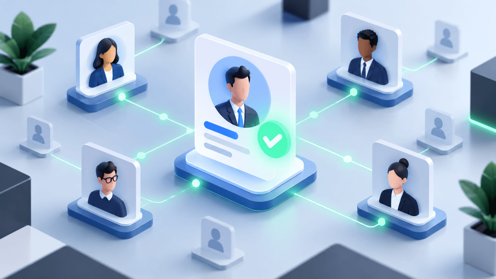 3D profile cards linked by glowing lines, with a green checkmark representing an accepted LinkedIn connection request.