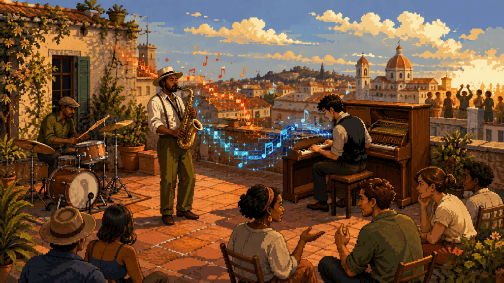 Pixel art rooftop jazz session where musicians exchange ideas and audience members begin a thoughtful conversation.