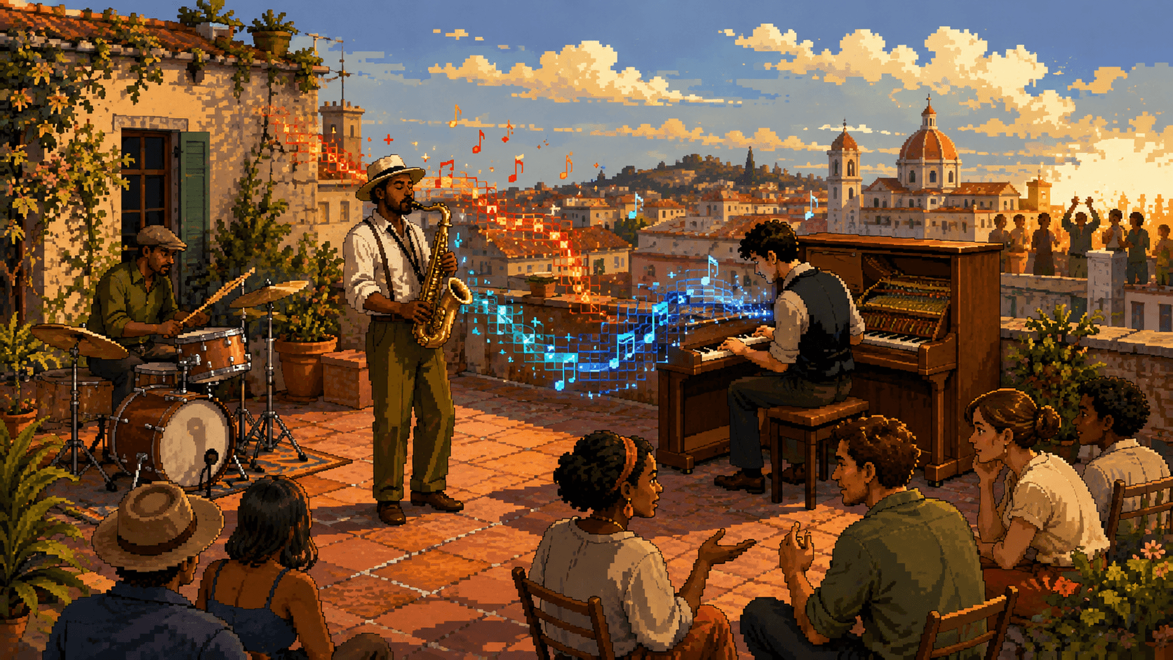Pixel art rooftop jazz session where musicians exchange ideas and audience members begin a thoughtful conversation.