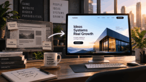 Outdated website beside a modern redesign on two office screens, illustrating a business website transformation.