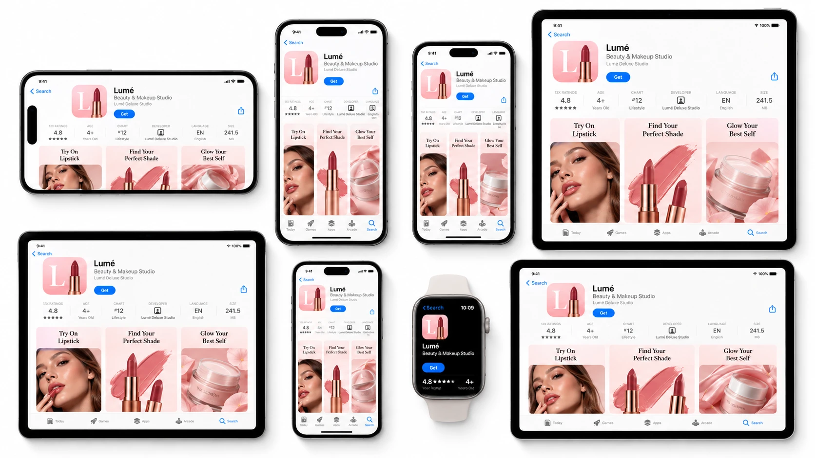 Lumé makeup studio app interface displayed across multiple iPhone, iPad, and Apple Watch device frames on a light background.