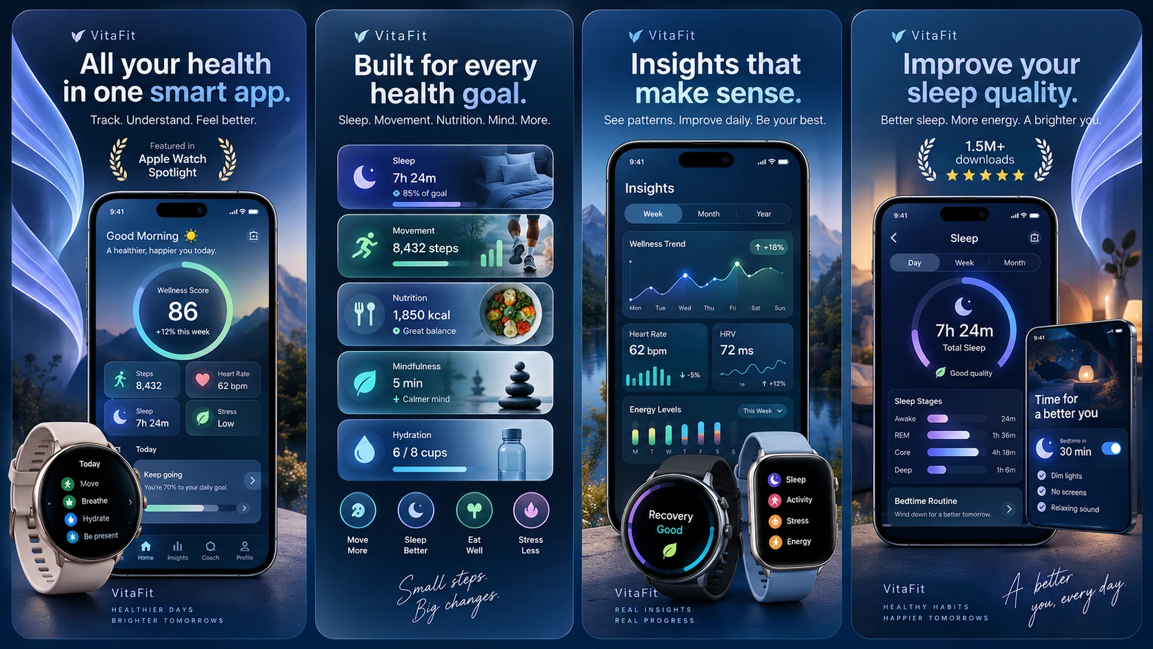 Four dark blue VitaFit app screenshots featuring benefit-led headlines, health metrics, and smartwatch device mockups in a unified design.