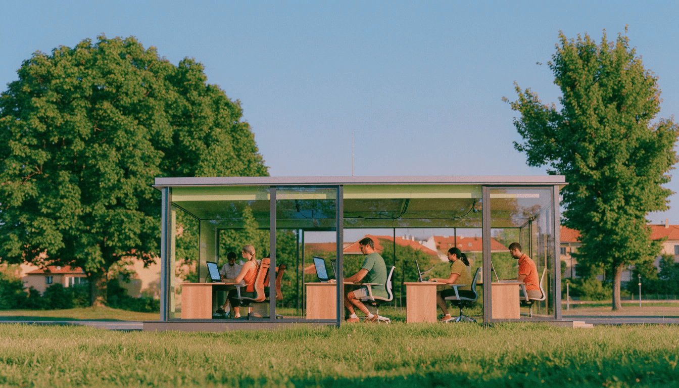 A small engineering team working on computers inside a glass office space, testing documentation tools and GitBook alternatives.