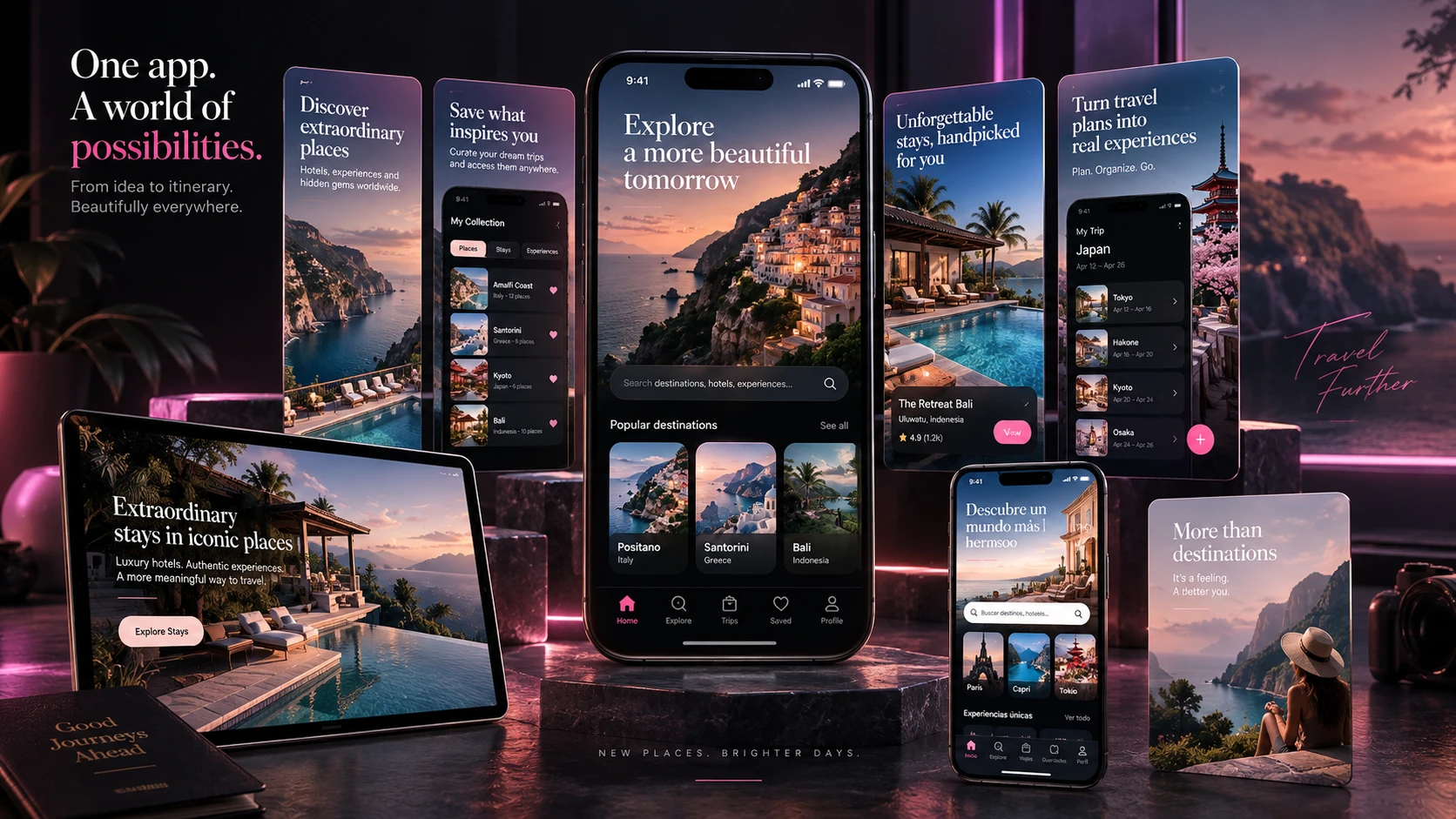 Luxury travel app interface mockup displayed across tablet and mobile screens on marble podiums with ambient lighting.