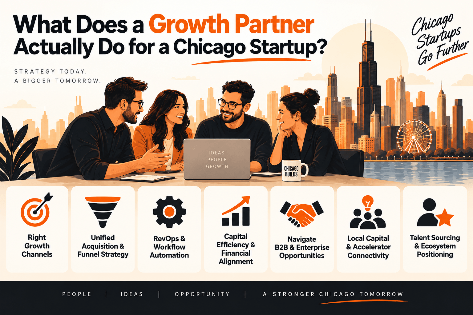 Infographic illustrating what a growth partner does for Chicago startups, featuring a team working against a Chicago skyline and highlighting seven core areas: growth channels, funnel strategy, RevOps automation, capital efficiency, enterprise B2B opportunities, local capital connectivity, and talent sourcing.