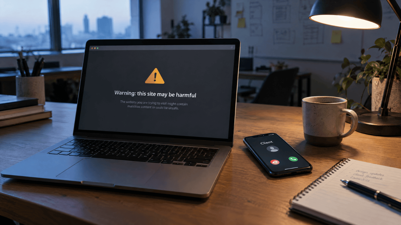 Laptop screen displaying a website security warning next to a smartphone receiving an incoming call from a client