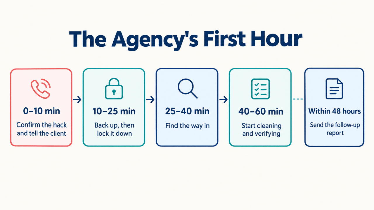 Workflow infographic detailing the 5 steps of an agency's first-hour response to a hacked WordPress website.