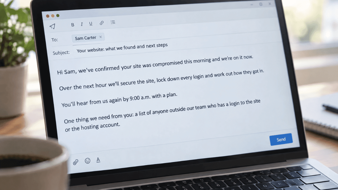 Laptop displaying an initial security incident email draft to a client outlining immediate containment steps.