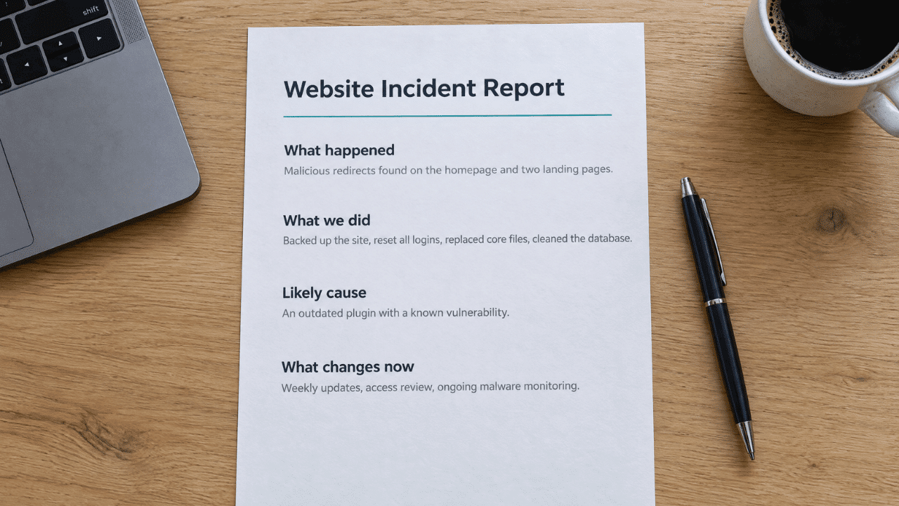 Printed Website Incident Report document outlining incident findings, actions taken, root cause, and ongoing security measures.