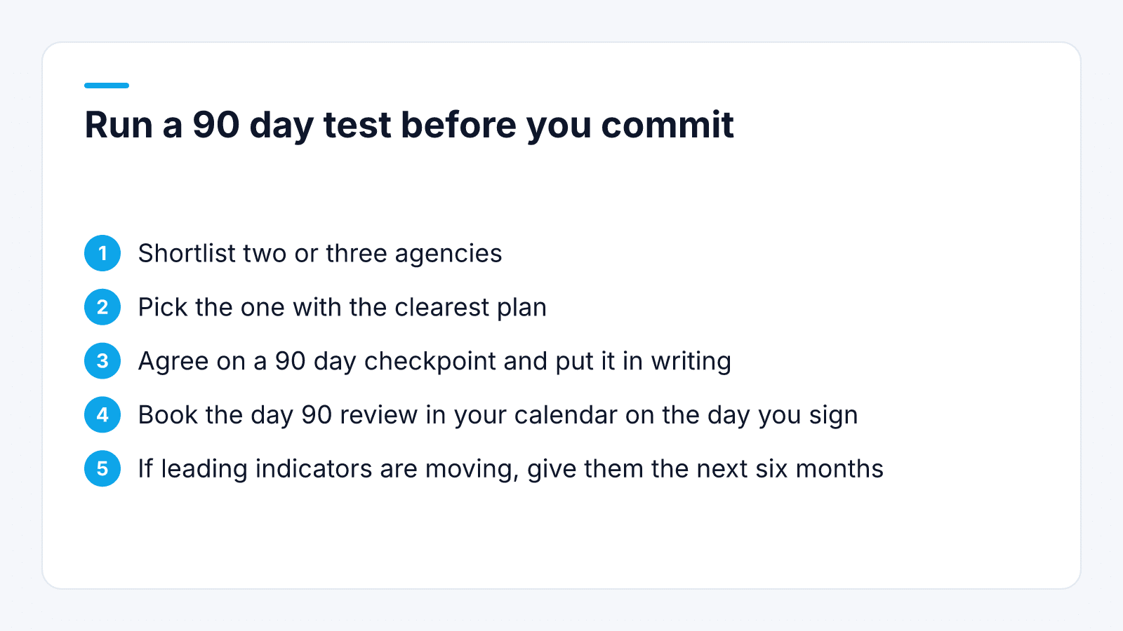 Five-step guide illustrating how to structure a 90-day trial period with a shortlisted SEO agency.