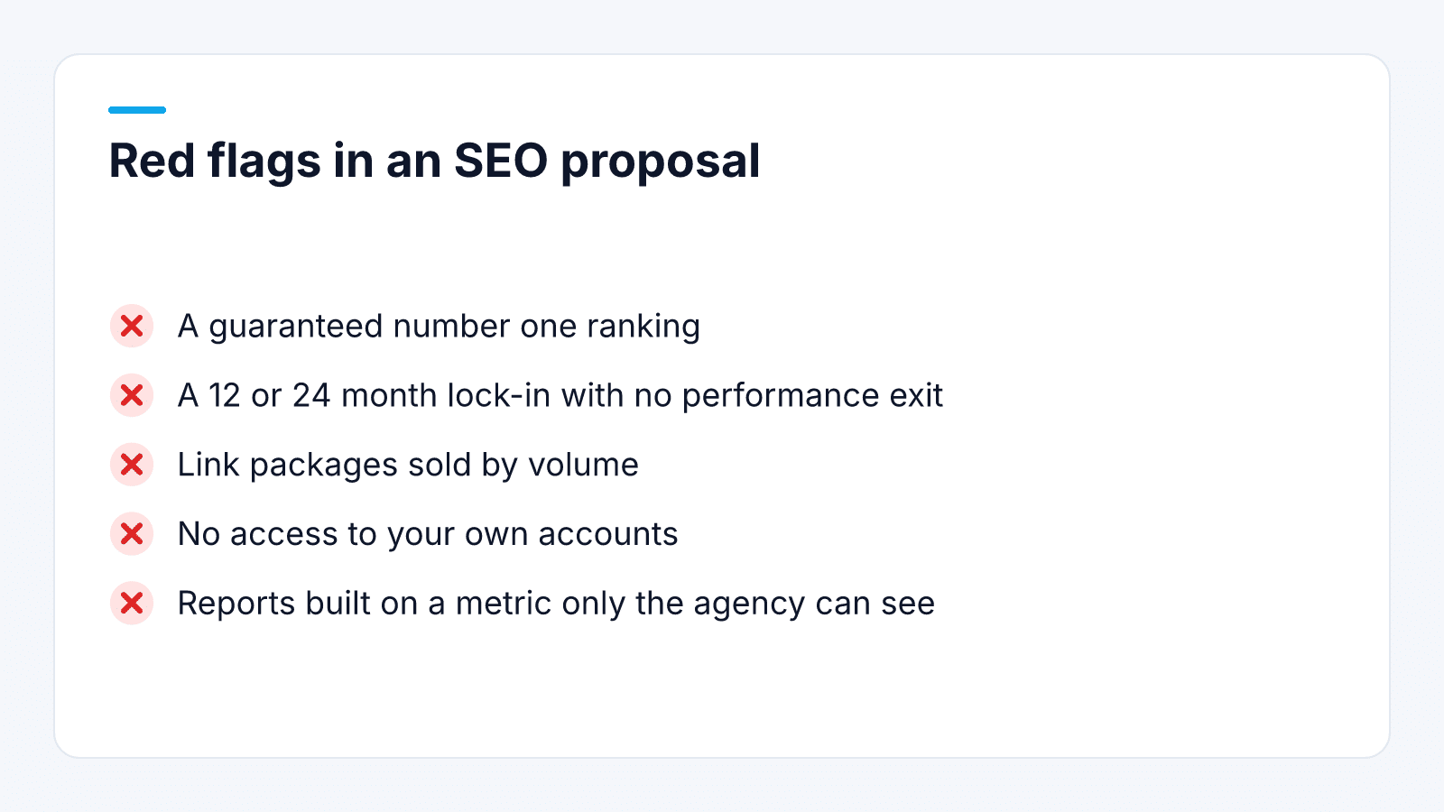 Checklist outlining five major red flags in SEO proposals, from guaranteed rankings to private proprietary metrics.