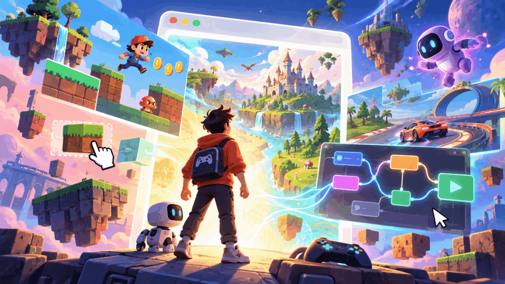 Cartoon creator and robot face a browser game world, surrounded by platformer scenes, a racing game and visual scripting blocks.