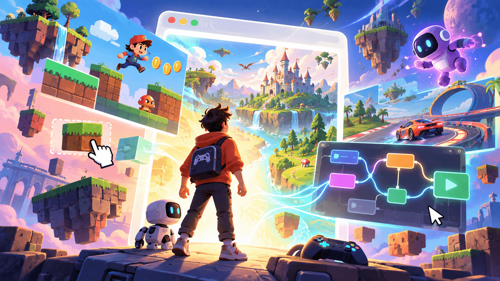 Cartoon creator and robot face a browser game world, surrounded by platformer scenes, a racing game and visual scripting blocks.