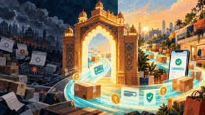 Illustration of Indian ecommerce checkout chaos transforming into a smooth payment flow, with packages, rupee symbols, a smartphone, and a bright gateway arch.