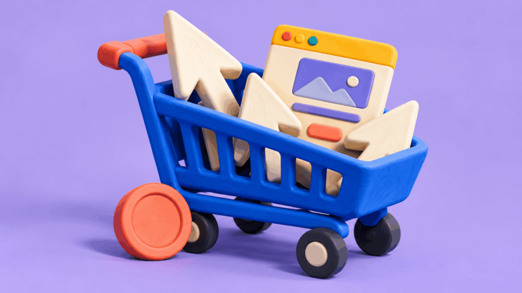 Colorful 3D illustration of a blue shopping cart filled with mouse cursor arrows and a website browser window, representing buying website traffic online.