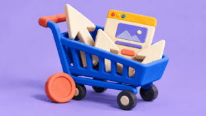Colorful 3D illustration of a blue shopping cart filled with mouse cursor arrows and a website browser window, representing buying website traffic online.