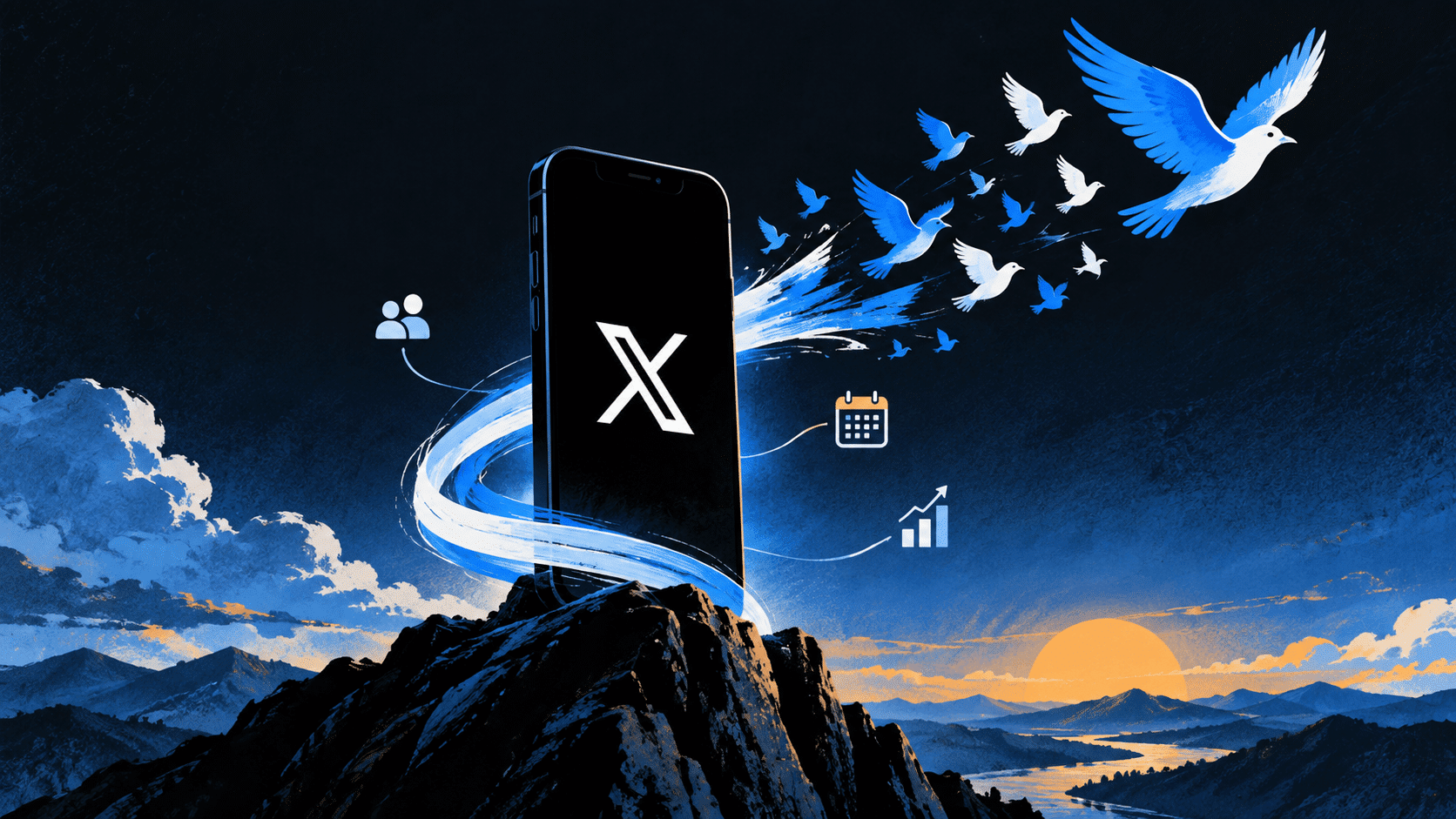 Stylized smartphone with the X logo rising above a mountain, surrounded by birds and icons for followers, scheduling and growth analytics.
