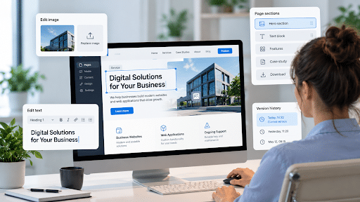A user at a desktop screen editing a business website page with interactive UI callouts for text editing, image replacement, reusable page sections, and version history.