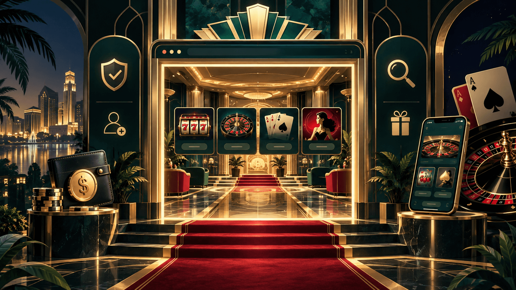 Luxury online casino interface framed like an art deco entrance, with game lobby cards, mobile play, payments, and trust symbols.