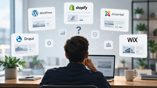 Graphic of a professional sitting at a desk facing a laptop surrounded by floating logos of WordPress, Shopify, Joomla, Drupal, and Wix with a central question mark