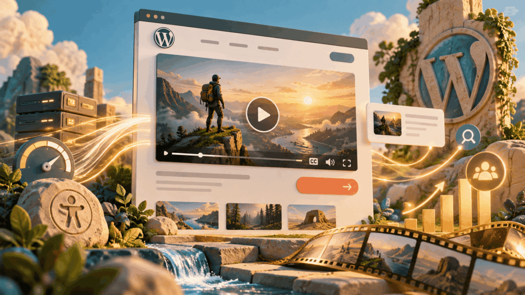 Illustration of a WordPress website featuring an embedded video player, performance gauge, accessibility symbols and conversion growth chart.