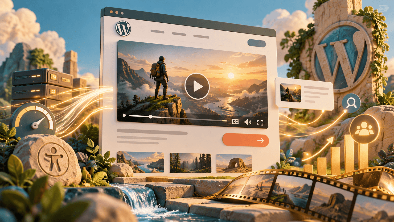 Illustration of a WordPress website featuring an embedded video player, performance gauge, accessibility symbols and conversion growth chart.