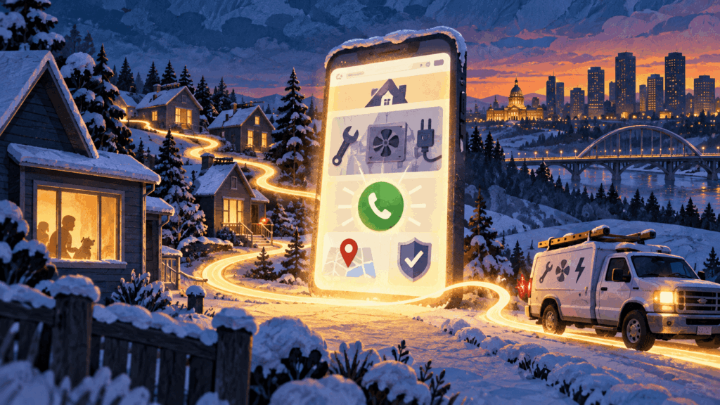 Illustrated snowy Edmonton neighborhood with a giant mobile service website, a trades van, glowing call button, and the city skyline in the background.
