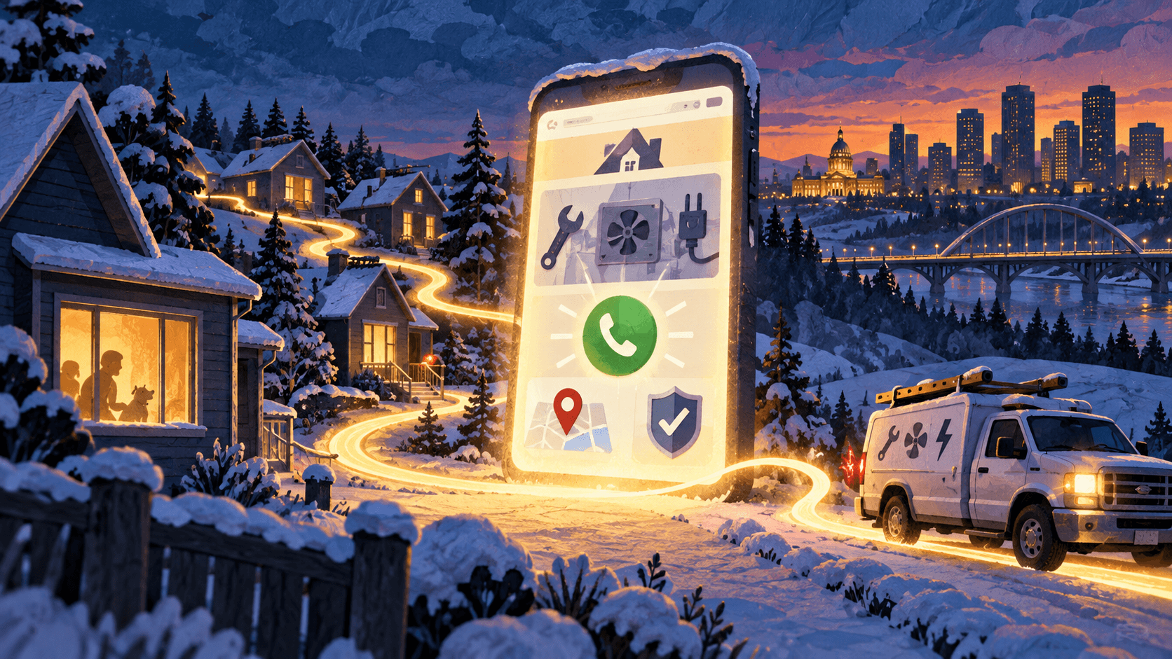 Illustrated snowy Edmonton neighborhood with a giant mobile service website, a trades van, glowing call button, and the city skyline in the background.