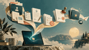 Stylized laptop with digital files, contracts, signatures and approval folders flowing through a streamlined client document workflow.