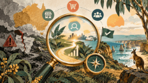 Illustration of Australia with a magnifying glass revealing Sydney, a growth chart, compass, kangaroo, and SEO evaluation symbols.