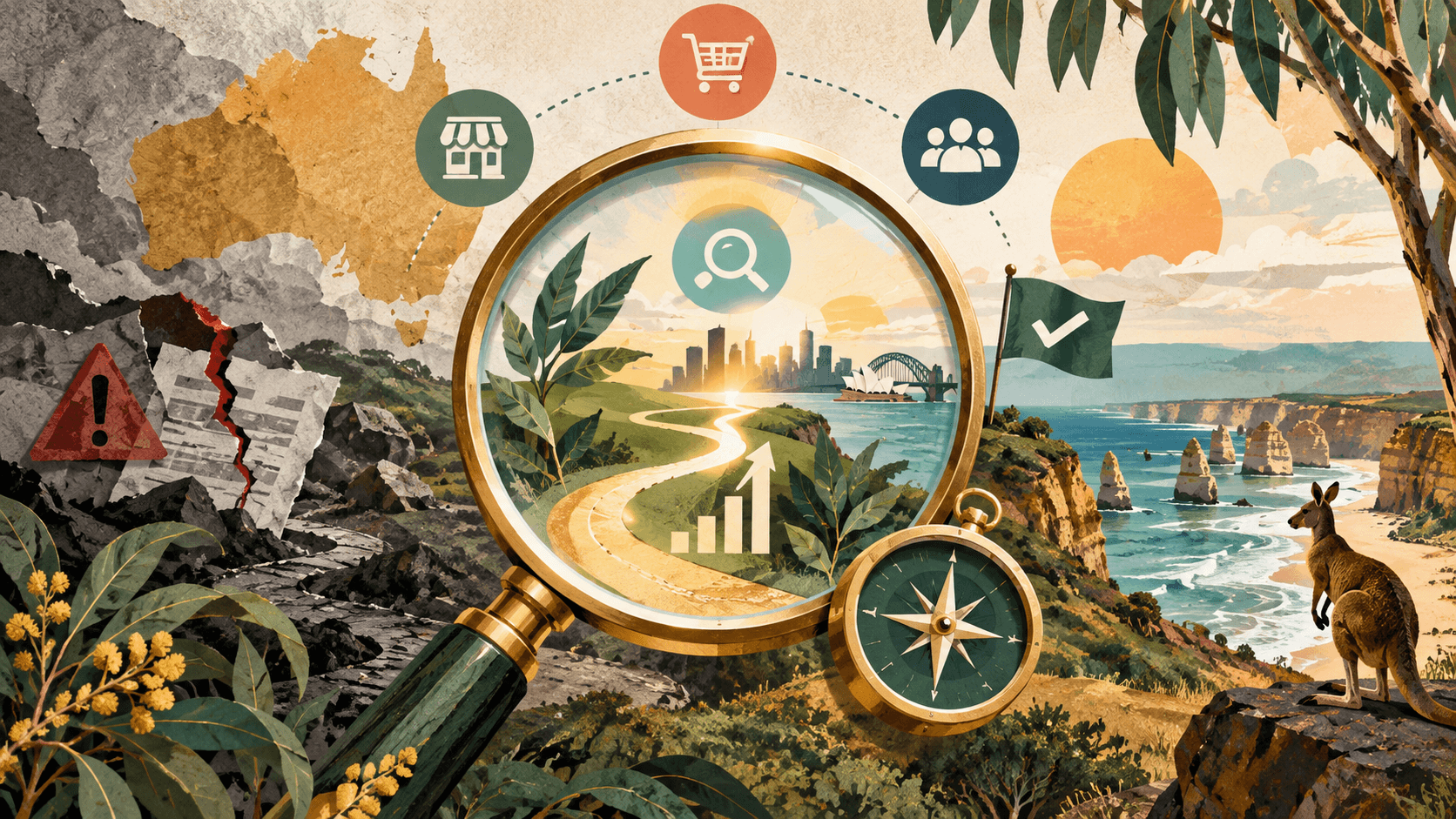 Illustration of Australia with a magnifying glass revealing Sydney, a growth chart, compass, kangaroo, and SEO evaluation symbols.