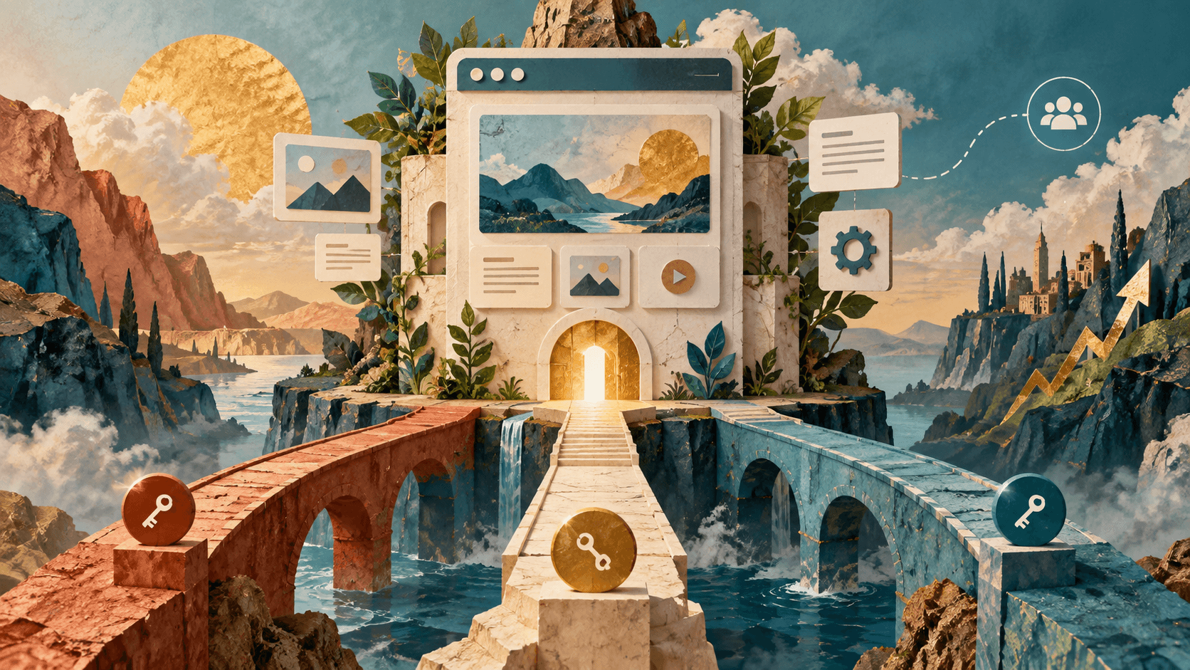 Editorial illustration of a website portal with three bridges and floating interface blocks, symbolizing the choice between CMS options for a business website.
