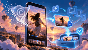 Stylized smartphone showing a social media video as a watermark peels away and the clip is saved as a clean MP4 across devices.