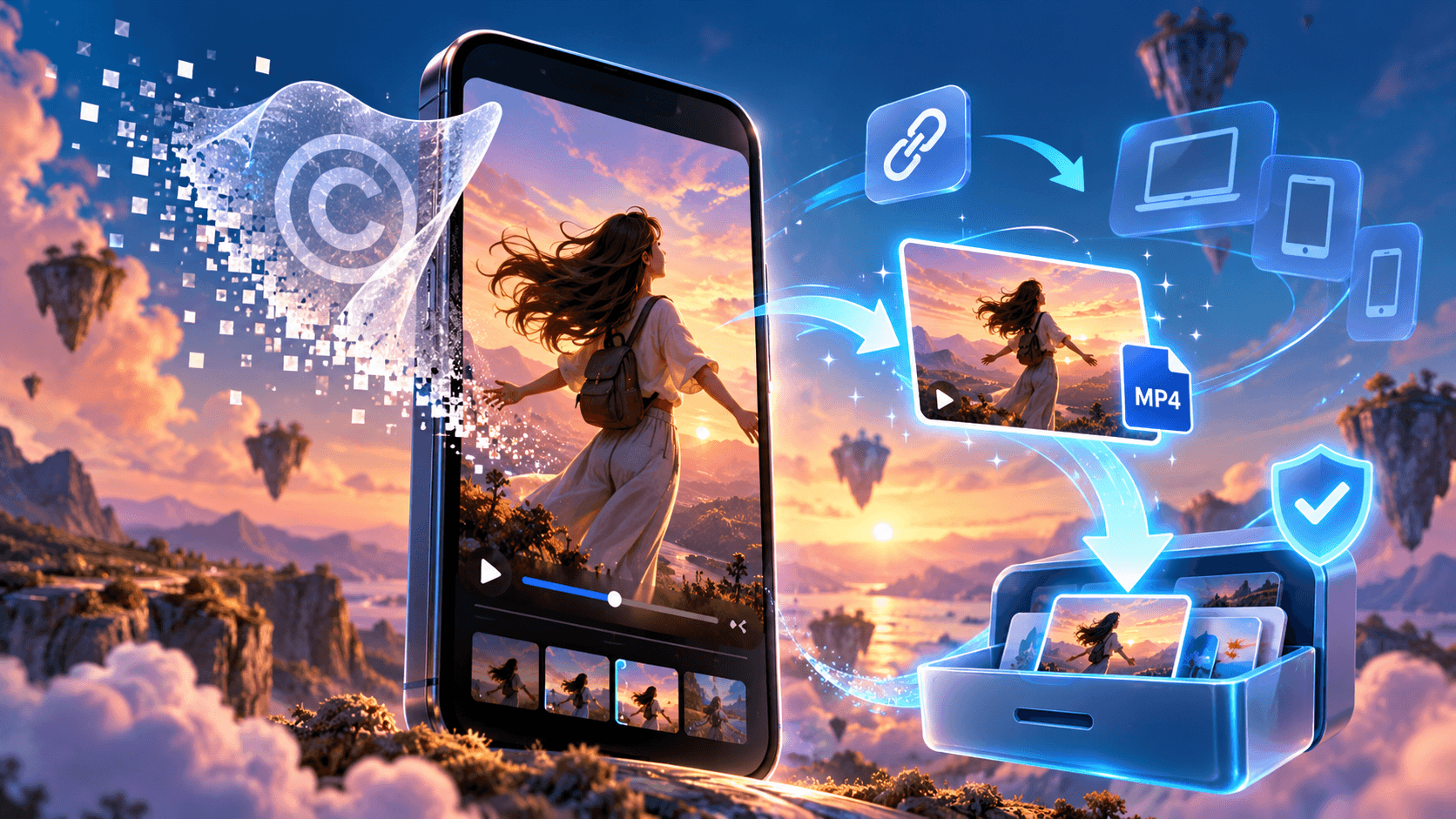 Stylized smartphone showing a social media video as a watermark peels away and the clip is saved as a clean MP4 across devices.