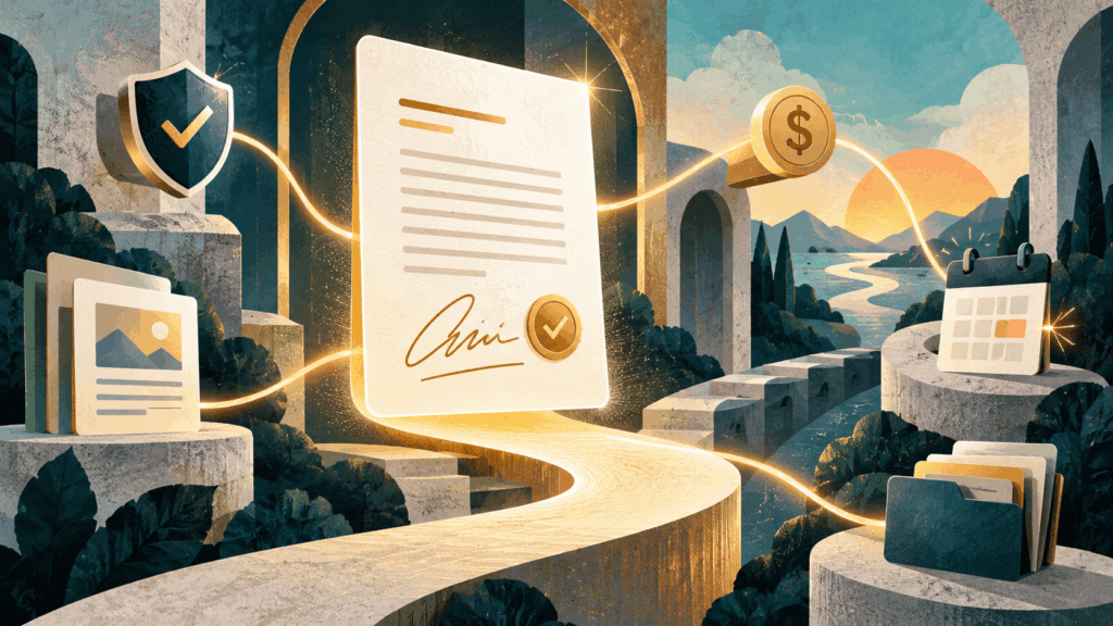 Digital contract with an electronic signature, security shield, payment symbol, calendar and organized client folders connected by a glowing path.