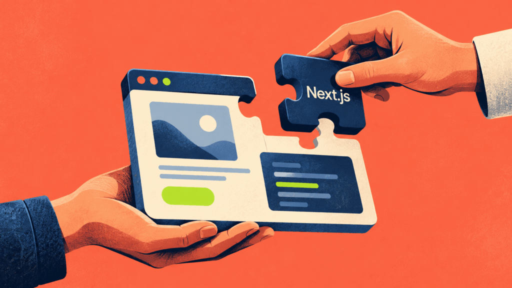 Colorful illustration of two hands assembling a website interface with a Next.js puzzle piece, representing the selection of a development partner.
